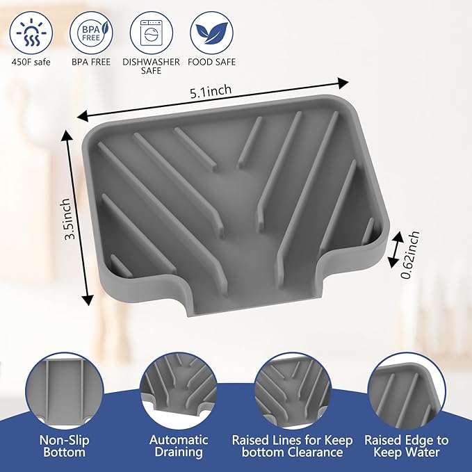 JACZZO Silicone Soap Dish for Shower and Bathroom - Small Bar Soap Holder with Self Draining Spout - Non-Slip Sink Tray Organizer for Kitchen Counter and Narrow Ledge, Gray (3.5" x 5")
