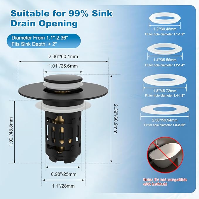 Hibbent 2 Pack Universal Bathroom Sink Drain Strainer, 3 in 1 Pop Up Stopper, Removable Stainless Steel Filter Basket, Brass Bullet Core, Hair Catcher Sink Plug for 1.1''~2.36'' Hole, Matte Black