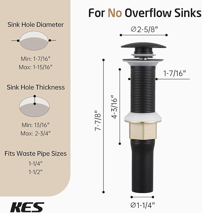KES Black Pop Up Drain Stopper for Bathroom Sink, Sink Drain with Hair Catcher Without Overflow, 2 Pack, Matte Black, All Metal Rustproof 304 Stainless Steel, S2013D-BK-P2