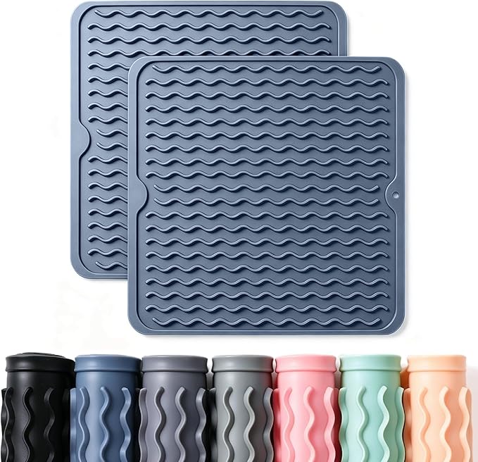 CAKETIME 2 Pack Silicone Dish Drying Mat for Kitchen Counter Multiple Usage for Baking Cooking Grilling Under Sink Office Coffee Accessories Apartment Appliances Pioneer Woman Stuff 12"x12" Blue