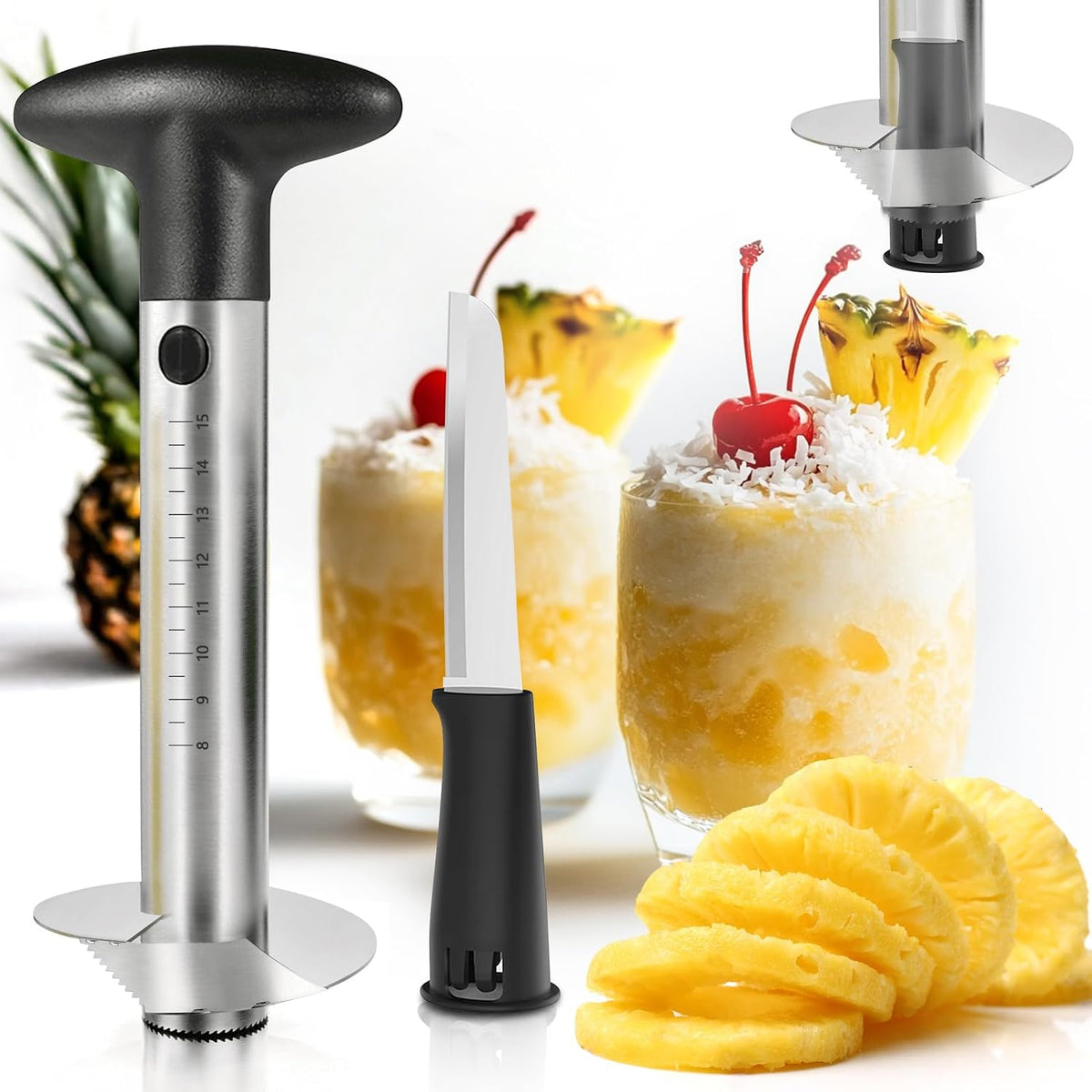 Pineapple Corer and Slicer with Measurement Marks – Stainless Steel Pineapple Cutter for Perfect Pineapple Rings & Effortless Cutting (Black)