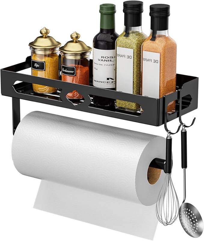 Paper Towel Holder with Shelf for Bathroom, Kitchen Paper Holder Spice Rack Paper Towel Roll Holder Wall Mounted Paper Towel Holder with 2 Hooks(2 Installation Methods - Self-Adhesive and Drilling)