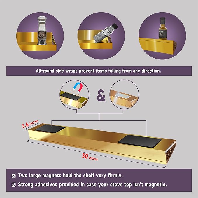 STUTOV 30" Magnetic Stove Top Shelf – Brushed Gold Spice Rack and Seasoning Organizer – Kitchen Shelf for Back of Stove – Over Stove Rack and Storage Organizer