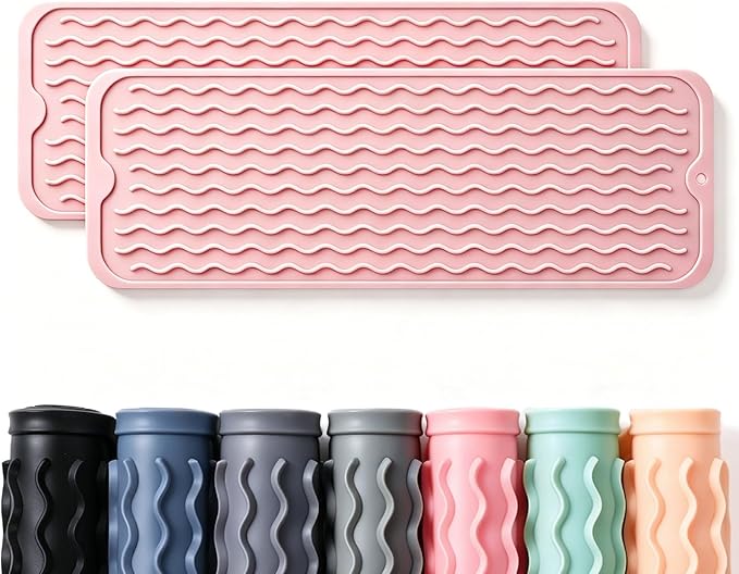 CAKETIME 2 Pack Silicone Dish Drying Mat for Kitchen Counter Under Sink Organizer Near Bathroom Faucet Pad for Stove Top Placemats Soap Holder Stone Dryer Women Essentials Must Haves 17"x6" Pink
