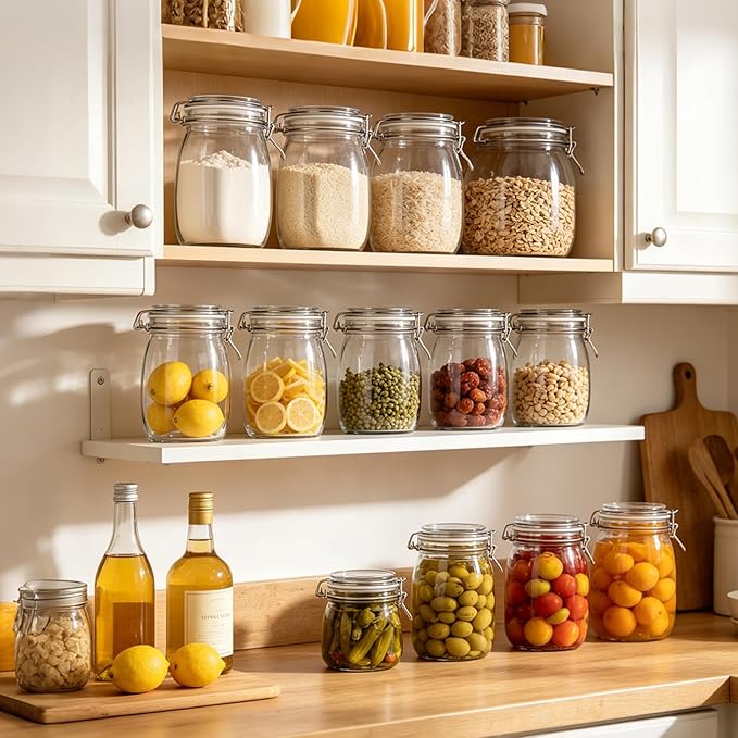 Glass Storage Jars with Airtight Lids Set of 6 (17 oz/26 oz/50 oz), Clear Glass Canister Containers Food Storage for Kitchen Pantry, Flour Sugar Coffee Beans Cereal Spice Tea, BPA-free