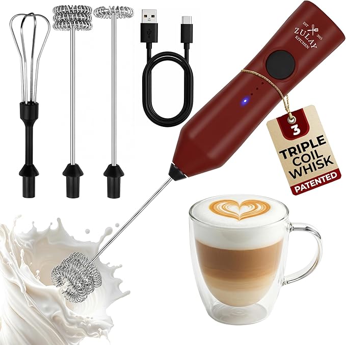 Zulay Kitchen Rechargeable Milk Frother Handheld - Frother Wand, Drink Mixer, Electric Whisk Frother, for Cappuccinos, Matcha & Protein Powder - Dynamic 3 Whisk, 3 Speed 500mAh Red Black