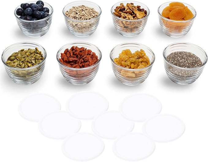 Libbey Small Glass Bowls, Glass Containers with Lids Set of 8 to Keep Leftovers Fresh, Meal Prepping and More, Dishwasher Safe Small Bowls for Dips