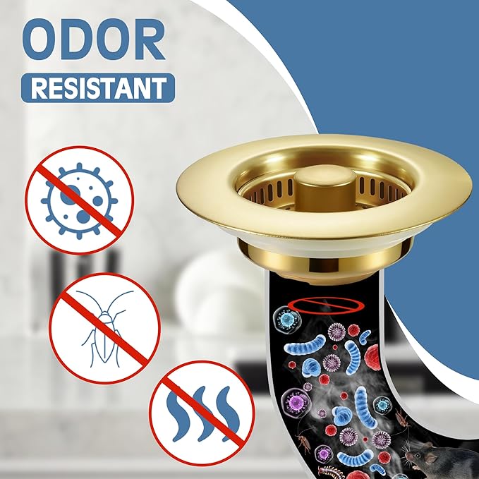 Kitchen Sink Drain Strainer 3 in 1, 304 Stainless Steel Pop Up Sink Stopper, Anti-Clogging Sink Drain Strainer for US Standard Kitchen Drain (Gold)
