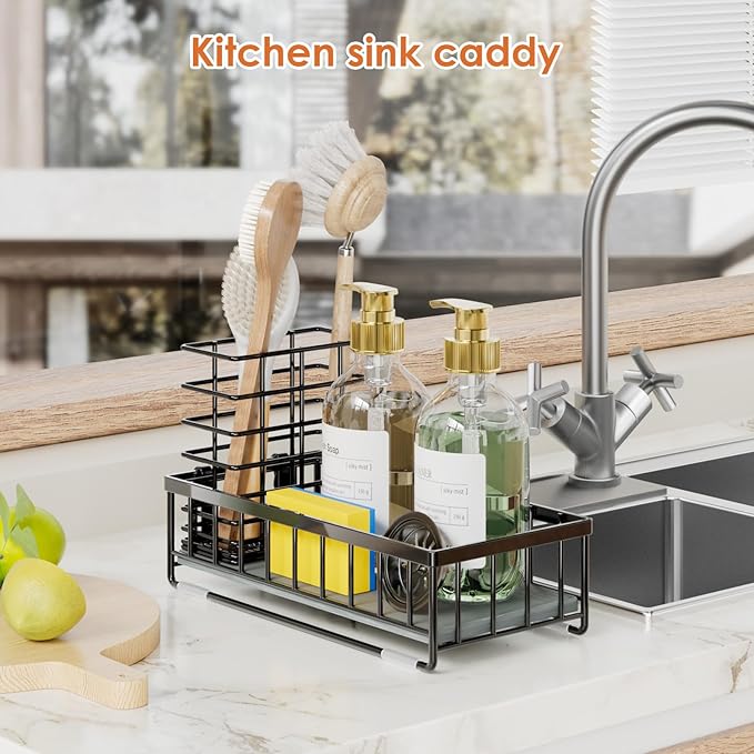 OVICAR Kitchen Sink Caddy Sponge Holder - Instant-Dry Sink Organizer with Brush Holder - Waterproof Soap Dispenser Non-Slip Countertop Organizer Storage for Kitchen Bathroom Black