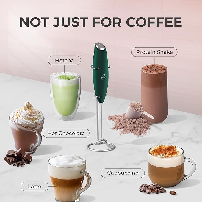 Zulay Kitchen Powerful Milk Frother Wand With Duracell Batteries - Ultra Fast Handheld Drink Mixer - Electric Whisk Foam Maker for Coffee, Lattes, Cappuccino & Matcha - Z1 Motor - Dark Green