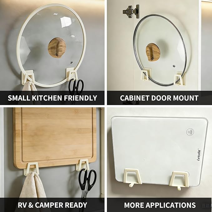 6 Pack Pot Lid Holders with Hook, Pot and Pan Hangers for Kitchen Inside Cabinet Wall Mount Rack Cabinet Door Lid Organizer, Save More Space, White