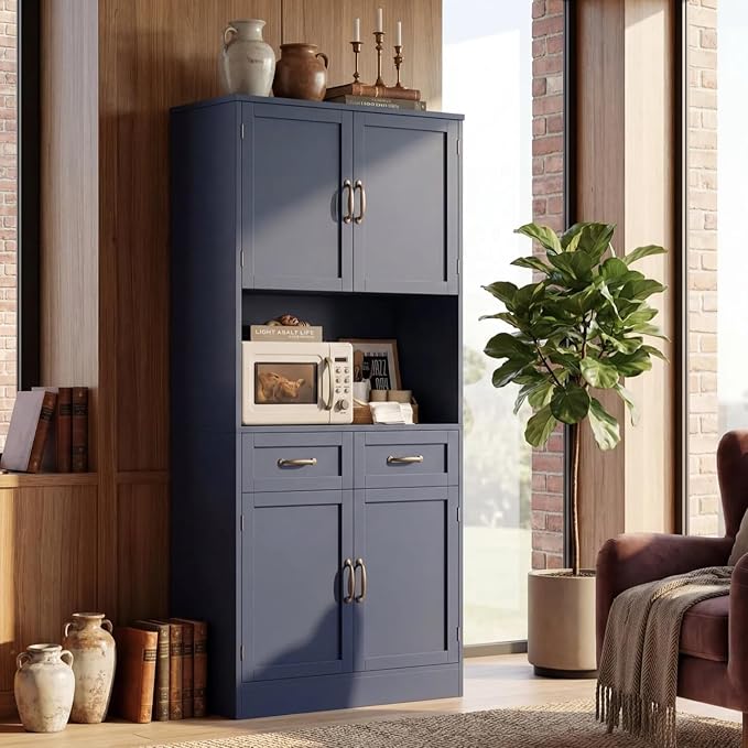 HOSTACK 71“ Tall Kitchen Pantry Storage Cabinet, Modern Kitchen Hutch Bar Cabinet with Microwave Stand, Wood Buffet Sideboard with Hutch, Cupboard with Drawers, Shelves for Dining Room, Blue