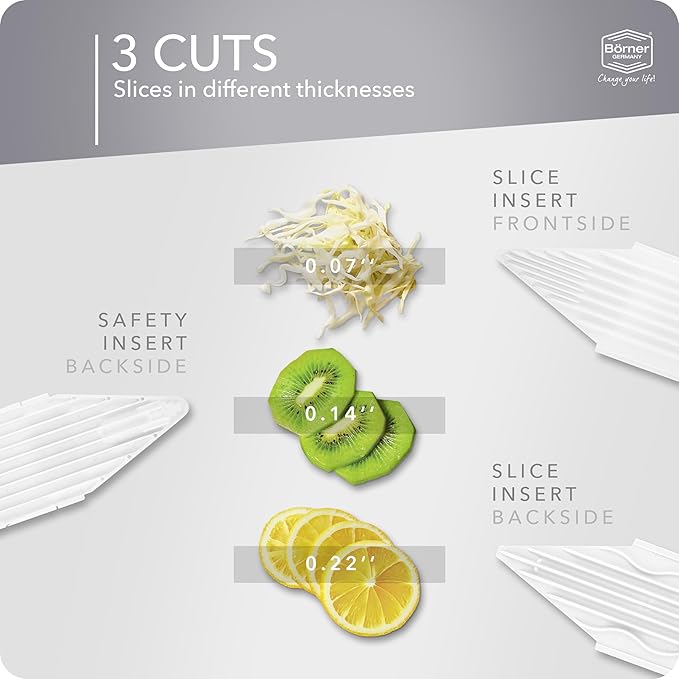 Börner Mandoline Slicer V1 (Basis Set) • V-Slicer with 2 Inserts & Fruit Holder • Adjustable Kitchen Slicer for Vegetables & Fruits • Vegetable Cutter • 3 Thickness Settings • Color: White