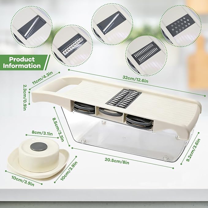 6-in-1 Mandoline Slicer for Kitchen, Food-Grade Veggie Cutter with Drainage Container, Stainless Steel Blades, BPA-Free & Non-Slip, White Plastic/Stainless Steel Options (white)