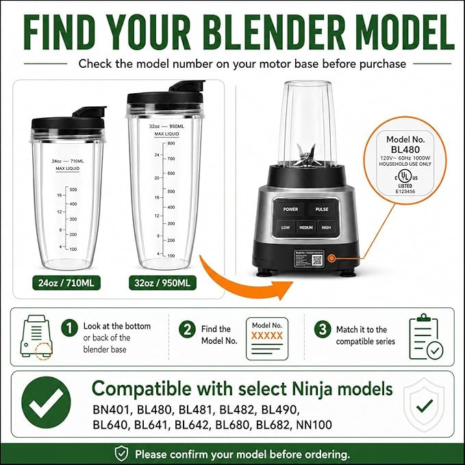 Blender Cups Replacement for Ninja, 24oz & 32oz Ninja Blender Cups with To-Go Lids Compatible with Ninja BN401, BL456, BL480, BL2012, BL2013, BL4501, BN751, BN801, SS101, SS151 (2 Pack)