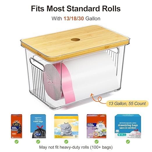 2 Pack Trash Bag Holder with Bamboo Lid, Stackable Acrylic Trash Bag Dispenser Roll Holder Under Sink, Plastic Container Garbage Bags Storage Organizer for Kitchen, Pantry, Laundry Room Organization