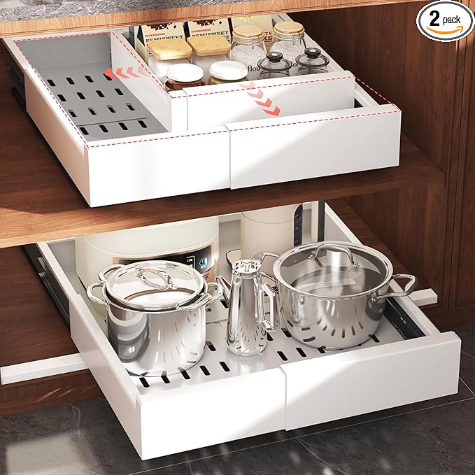 Seinloes Pull Out Cabinet Organizer,4-Side Expandable to Maximize Cabinet Space,Slide Out Drawers with 3 Rail Design,Roll Out Shelf with Raising Pad for Framed Cabinet,11"-16"W x 13"-17"D,White,2 Pack
