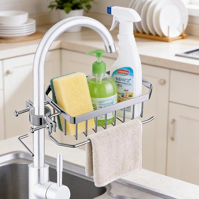 Sponge Holder for Kitchen Sink, Kitchen Organizer, 304 Stainless Steel Cleaning Supplies Organizer, Sink Brush Holder, Sink Organizer, Hanging Organizer (ROUND RIGHT)
