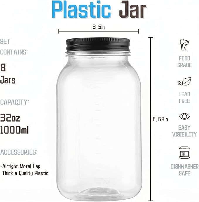 novelinks 32 oz Mason Jars with Plastic Lids, 8 Pack Large Plastic Salad Jars with Lids 32oz, Reusable Spice Containers & Kitchen Jars for Pantry Organization (8 Pack,Black)