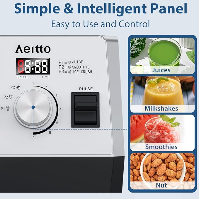 Aeitto Blenders for Kitchen with 68Oz. Large Capacity, 1800W Max Power Smoothie Blender, 3 Preset Programs & 7 Speeds, Professional Countertop Blender for Smoothies, Ice Crush, Generation2 Silver