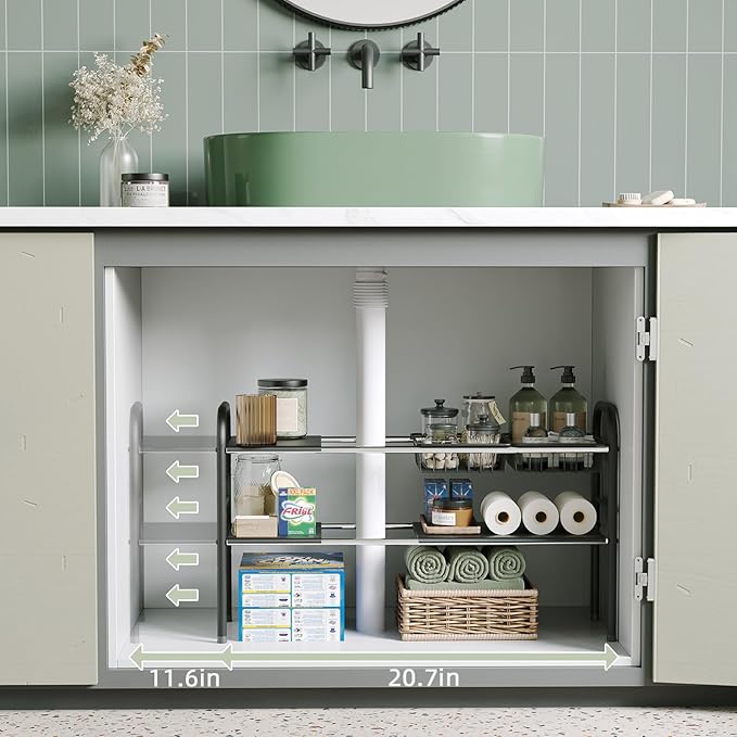 NETEL Under Sink Organizers and Storage, 2 Tier Expandable Under Cabinet Organizer Shelf with 2 Baskets and 6 Panels, Expandable Shelf for Cupboard, Kitchen, Bathroom, Shoe Storage Rack