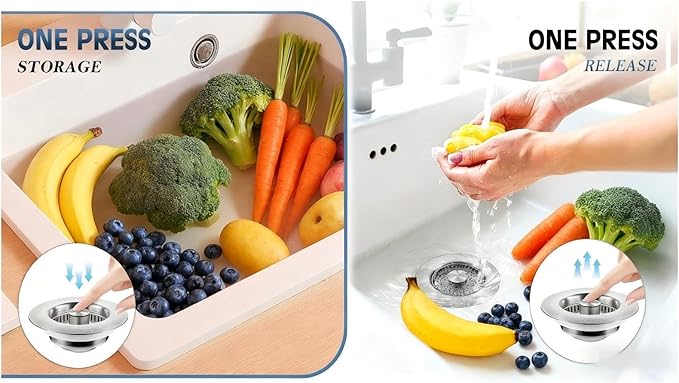 3-in-1 Kitchen Sink Drain Strainer Stopper, 304 Stainless Steel Pop Up Drain Plug, Anti-Clog Odor Prevention Sink Basket, Tool-Free Easy Install, Fits US Standard 3-1/2" Drain Hole, 2 Pack