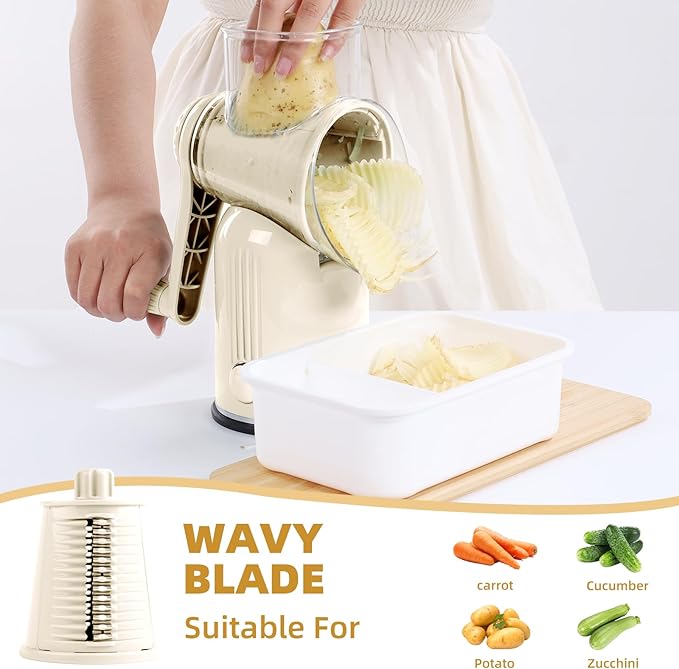Rotary Cheese Grater with Handle, Vegetable Shredder with 5 Replaceable Blades & Strong Suction Base, Round Food Slicer & Chopper for Kitchen Fruit Vegetables Nuts with Blade Storage Box (White)