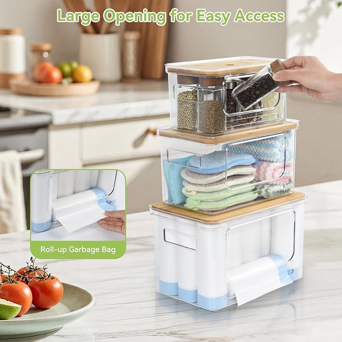 OTraki 3 Pack Trash Bag Holder Dispenser with Lid Plastic Garbage Bag Dispenser Stackable & Wall-mounted, Trash Bags Organizer Under Sink for Kitchen, Pantry Cabinet Organizer and Storage