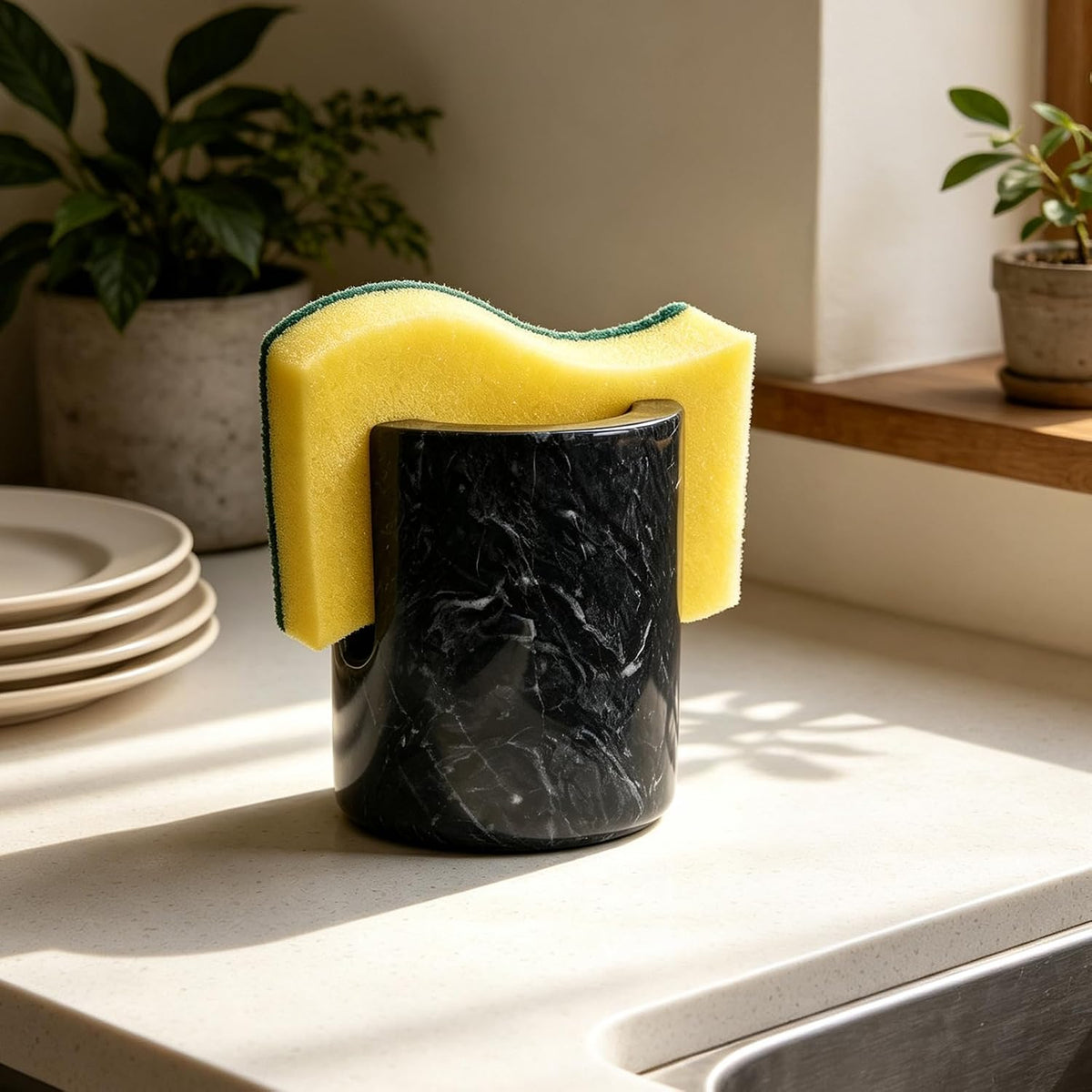 Marble Sponge Holder for Kitchen Sink Countertop Organizer(Black)