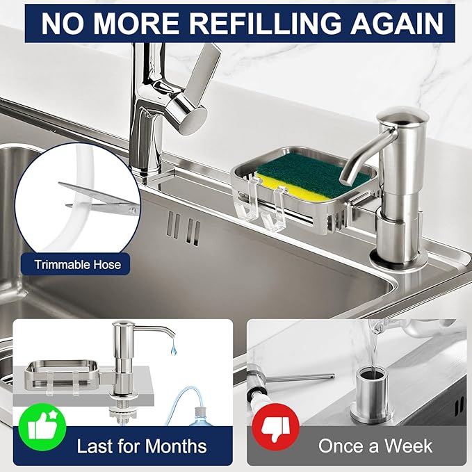 Soap Dispenser for Kitchen Sink, Built in Sink Soap Dispenser Pump with Sponge Holder, Brushed Nickel ABS Sink Dish Soap Dispensers Under Counter, with 39" Extension Tube Kit,No Refill Needed