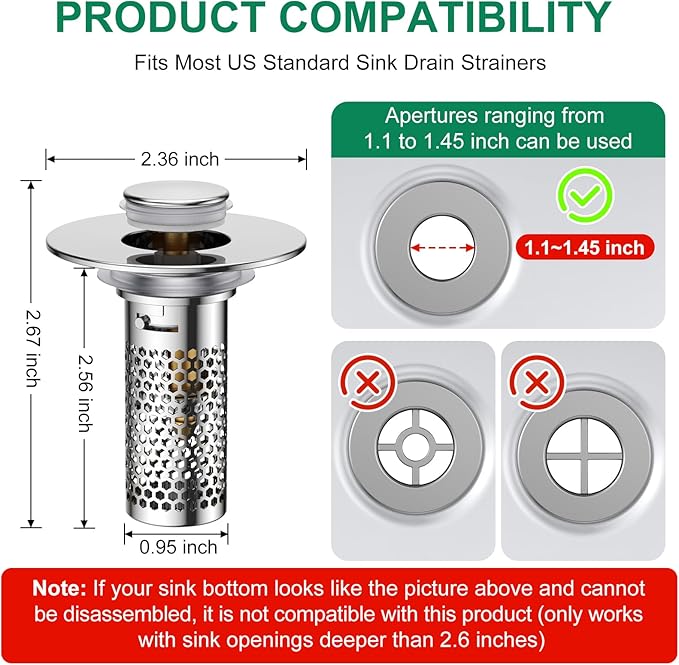 Bathroom Sink Drain Strainer,Pop-Up Sink Stopper Hair Catcher, Anti-Clog Stainless Steel Drain Filter Basket, Removable Sink Drain for Bathroom Sink Stopper Replacement (Silver-1)