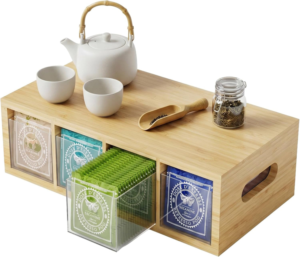 Bamboo Tea Bag Organizer with 4 Clear Acrylic Drawers and Top Tray