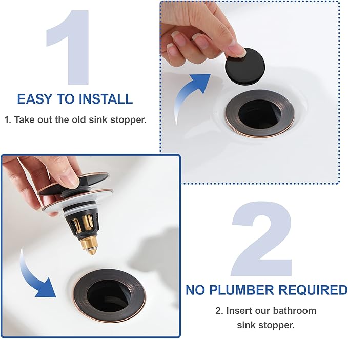 Universal 3-in-1 Bathroom Sink Stopper - Pop Up Sink Drain Stopper, Push Button Sink Drain Stopper Replacement, Wash Basin Drain Filter Plug with Anti-Clogging Strainer, Oil Rubbed Bronze
