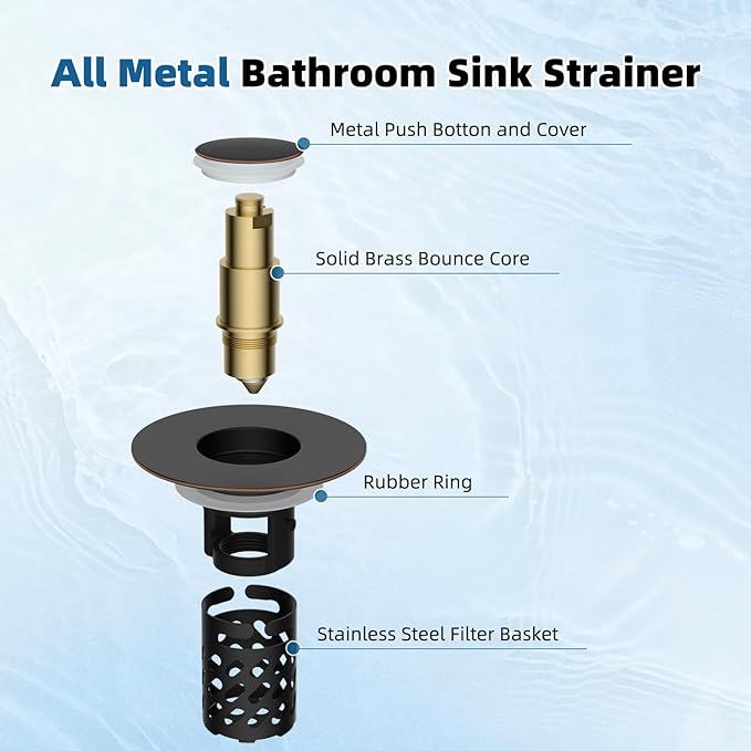 iFealClear 2 Pack All Metal Bathroom Sink Stopper, Pop Up Sink Drain Strainer with Removable Stainless Steel Filter Basket, Universal for 1.1"-2.36" Sink, Brass Bounce Core, Oil Rubbed Bronze
