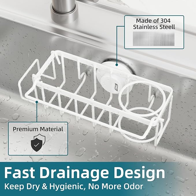 TAILI 4-in-1 Sink Caddy with Strong Suction Cup, Sponge Holder for Kitchen Sink Organizer, Removable, Rustproof, Stainless Steel Holder for Sponge, Brush, Scrubber, Scraper - White