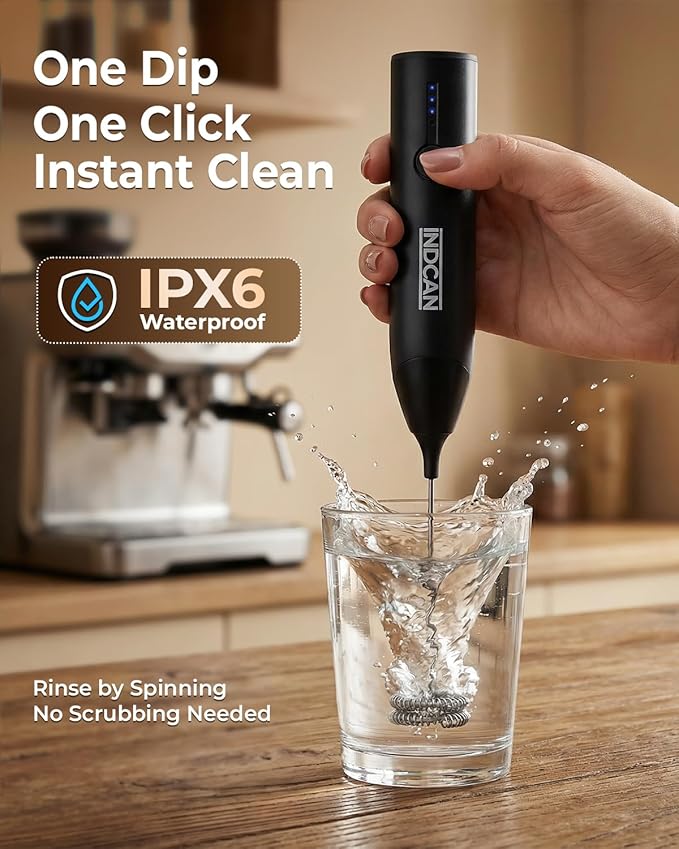 INDCAN Rechargeable Milk Frother Handheld, Electric Foam Maker with Dual Stainless Steel Whisk, Multiple Speeds, Perfect for Coffee, Lattes, Cappuccino, & Matcha (Pro, Black)