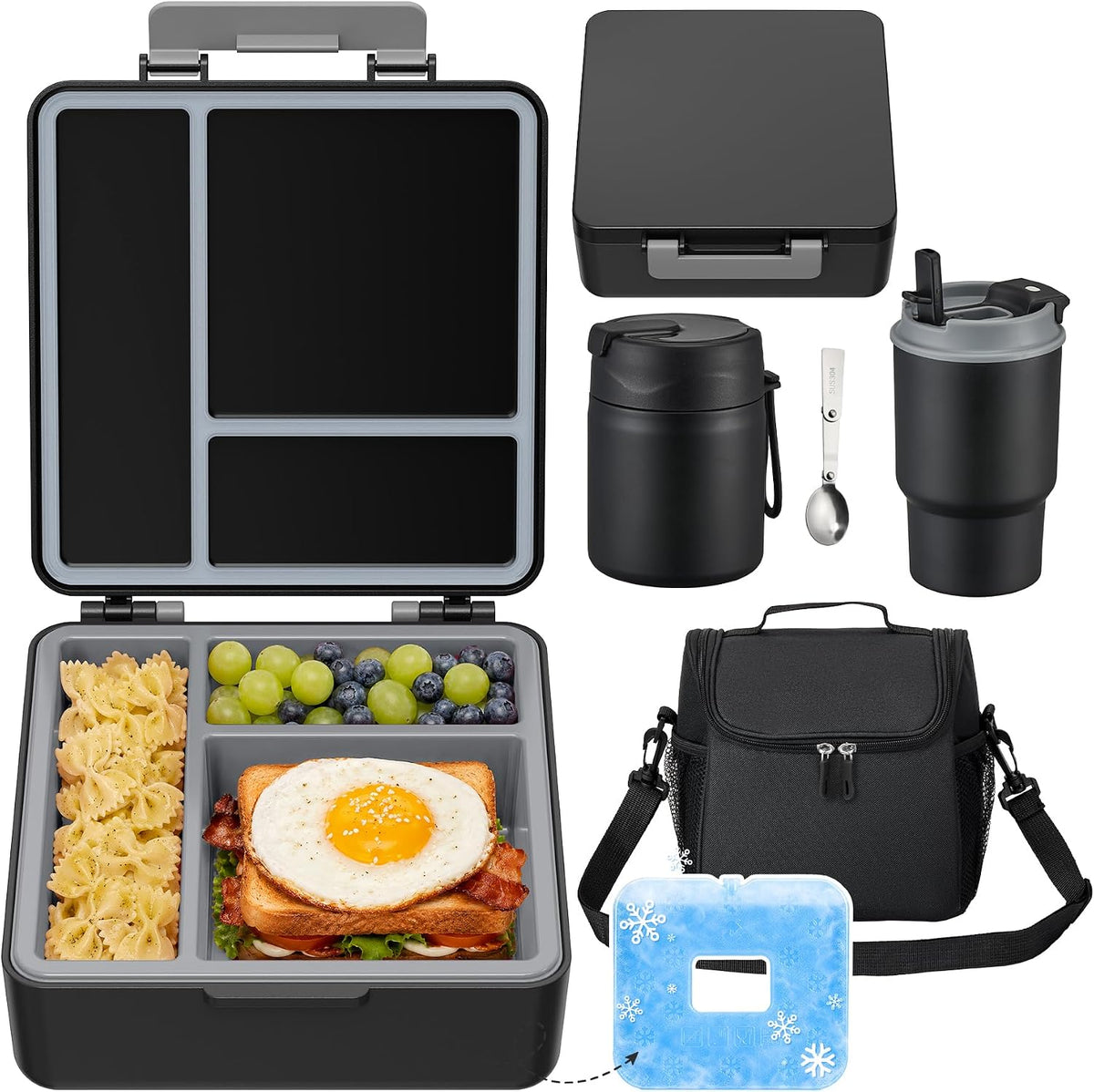 Lunch Box Set with Bento Box Container, 17OZ Stainless Steel Food Soup Thermo, Kids Water Bottle & Portable Insulated Lunch Bag – Leakproof, Hot/Cold Retention for School, Travel (Black)