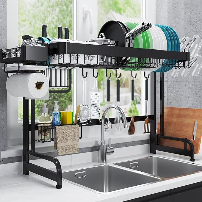 LIVOD Over Sink Dish Drainer Drying Rack, 2 Tier Full Stainless Steel Storage Adjustable Length Kitchen Rack, Multifunctional Expandable Counter Organizer, Space Saver Dish Rack