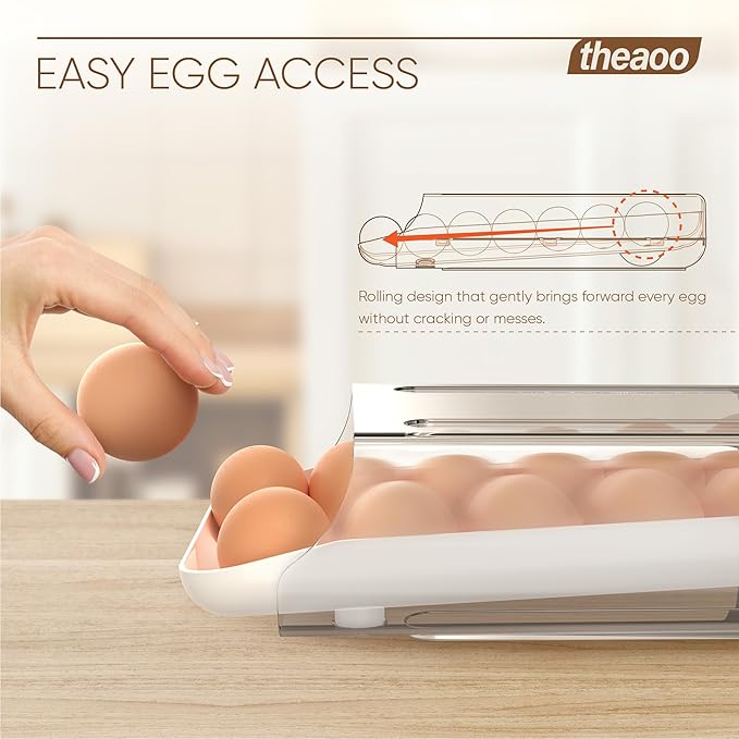 theaoo Egg Holder for Fridge, Automatic Rolling Egg Container for Refrigerator, Clear Plastic Egg Dispenser, Stackable Eggs Organizer with Quick Removable inner Tray For Organizers and Storage, 2 Pack