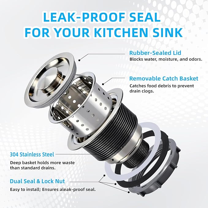 Kitchen Sink Drain Assembly, Stainless Steel Removable Deep Sink Strainer Basket, 3-1/2 Inch Sink Drain Stopper Plug, Sealing Lid