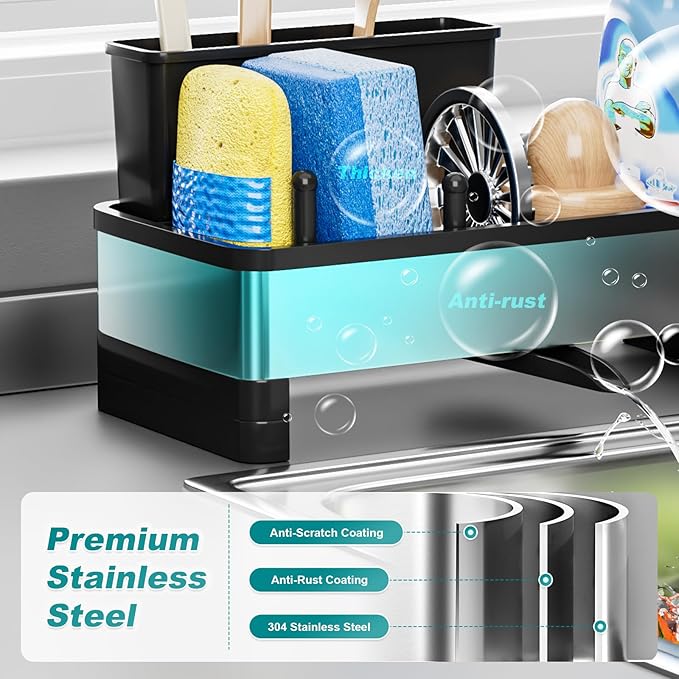 Ewaiira Stainless Steel Sink Caddy, Sponge Holder for Kitchen Sink with Brush Holder and Towel Rack, Sink Organizer for Countertop, Soap Dispenser Kitchen Organizers Storage Essentials (A-Black)