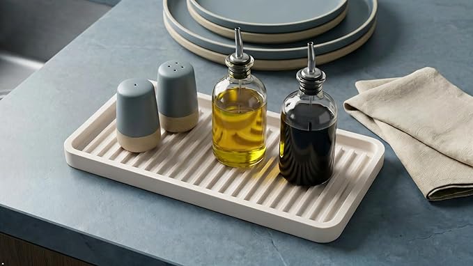 Silicone Sink and Surface Organizer Tray, Sponge Holder, Vanity Tray, Trivet, Heat Safe, Dishwasher Safe, for Bathroom and Kitchen Organization (Vanilla Cream, 10"x5.25")