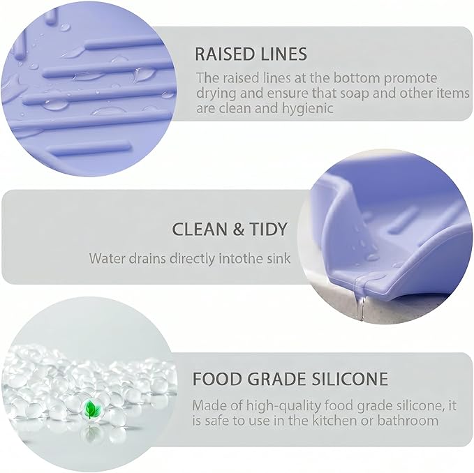 MicoYang Silicone Soap Dish with Drain Spout, Self-Draining Sink Organizer Tray for Bathroom & Kitchen, Sponges, Dispensers & Soap Holder, Non-Slip & Dishwasher Safe, Light Purple (Compact, 4.9"×3.2")