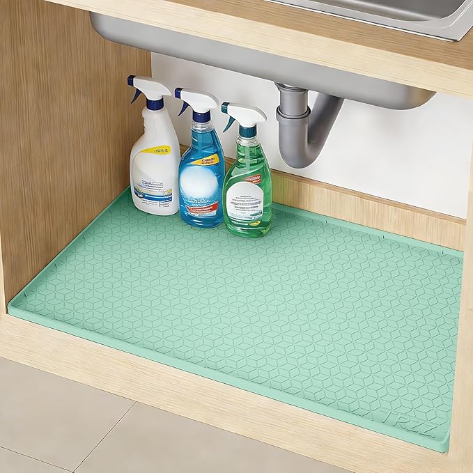 TRZZ Silicone Waterproof Under Sink Mat 34" x 19", Drip Tray and Cabinet Liner for Kitchen and Bathroom, Prevents Water Damage and Organizes Cabinets (Mint Green)