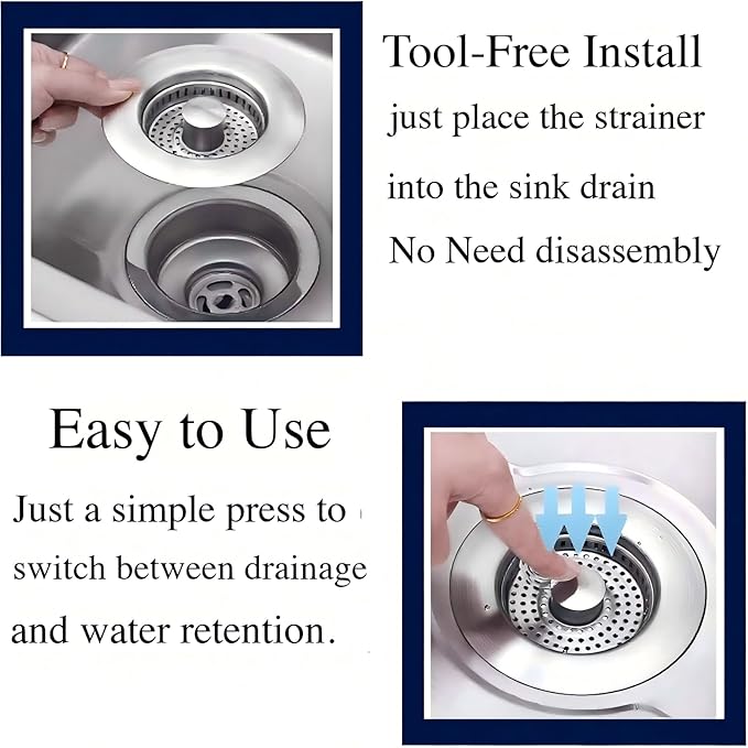 3-in-1 Kitchen Sink Drain Strainer Stopper, 304 Stainless Steel Pop Up Drain Plug, Anti-Clog Odor Prevention Sink Basket, Tool-Free Easy Install, Fits US Standard 3-1/2" Drain Hole, 1 Pack