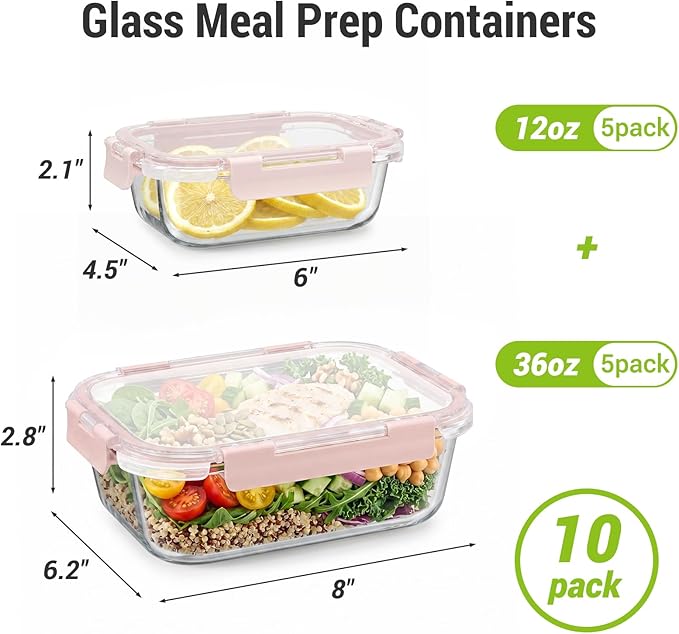 Dealusy 10 Sets (20-Piece) Glass Meal Prep Containers with Lids, Five 36 oz & Five 12 oz Airtight Leak-proof Glass Food Storage Containers with lids, Microwave Oven Freezer Dishwasher Safe, Pink