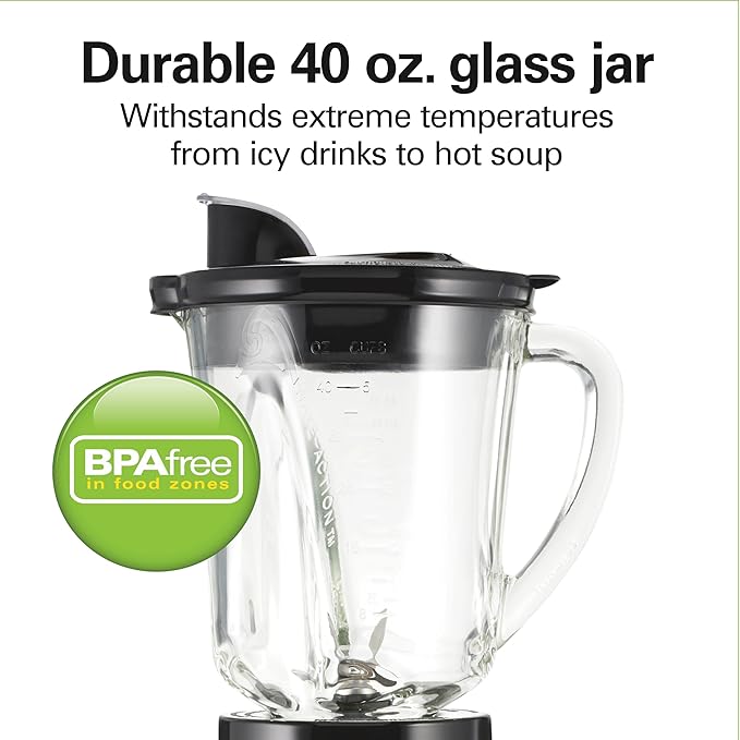 Hamilton Beach Wave Action Blender for Smoothies, Stainless Steel Ice Sabre Blades, 40oz Glass Jar, 20oz Blend-In Portable Travel Jar, 800 Watts, Quiet Design, Silver (58181)