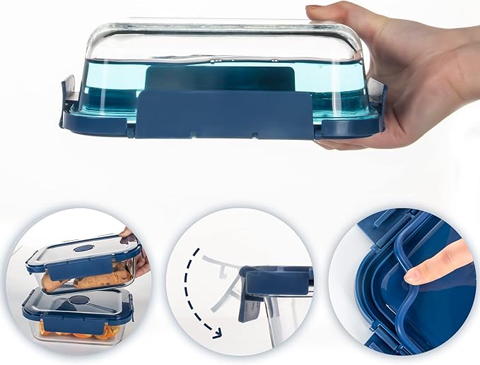 Glass Food Storage Containers 10 Pack, Meal Prep Containers with Snap Locking Lids Airtight Built in Air Vents, Glass Lunch Containers, Microwave/Dishwasher Safe, Navy Blue