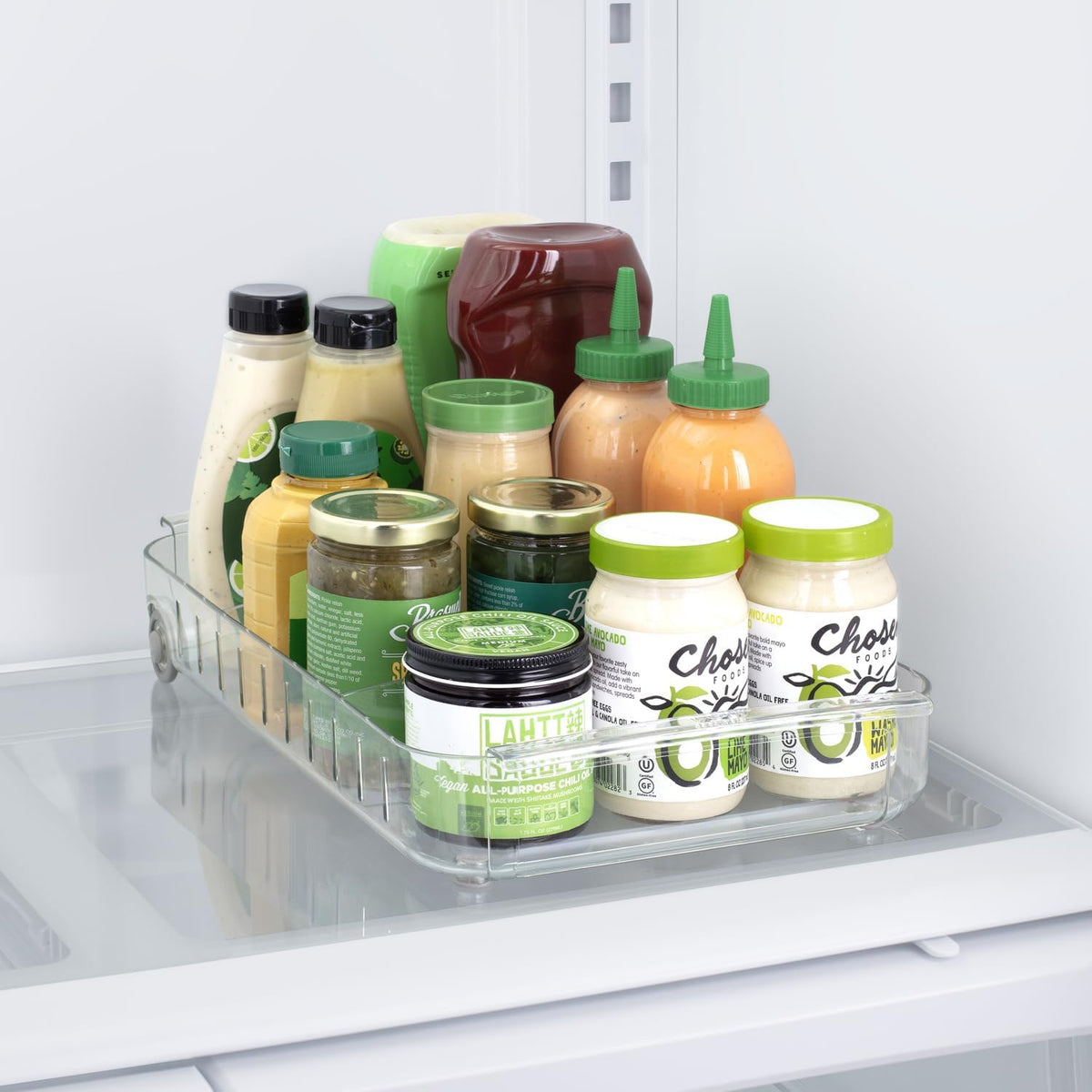 RollOut Fridge Caddy BPA-Free Clear Rolling Refrigerator Organizer Bin with Adjustable Dividers and Handles, 9" Wide