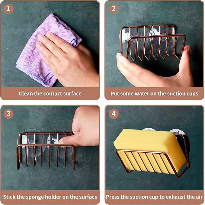 Soap Sponge Holder for Kitchen Sink Shower, No Drilling. Rustproof Stainless Steel, Wall Mounted Soap Holder Soap Tray Bar Holder with Suction Cups for Bathroom & Kitchen. Rose Gold.